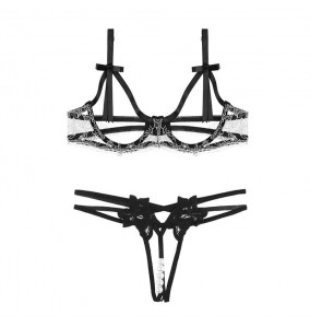 FEE ET MOI - Beaded Floral Open-Crotch Panties Bikini (Black)
